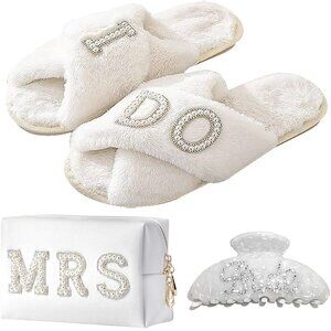 Bridal Shower Gift Set Slippers Cosmetic Bag Hair Clip Elegant Wedding